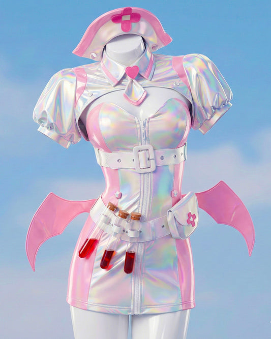 Character in a futuristic outfit with pink accents against a blue sky
