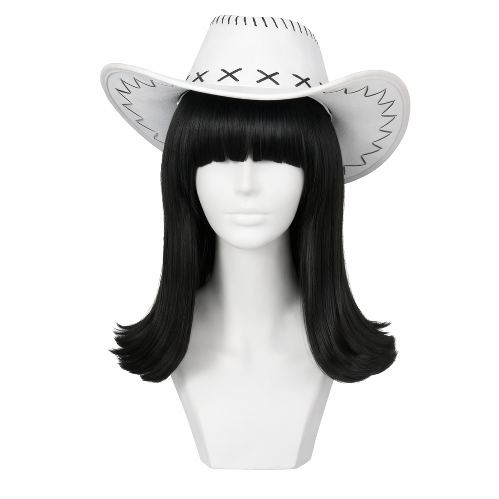 White cowboy hat with black X's on a mannequin head with black hair against a white background