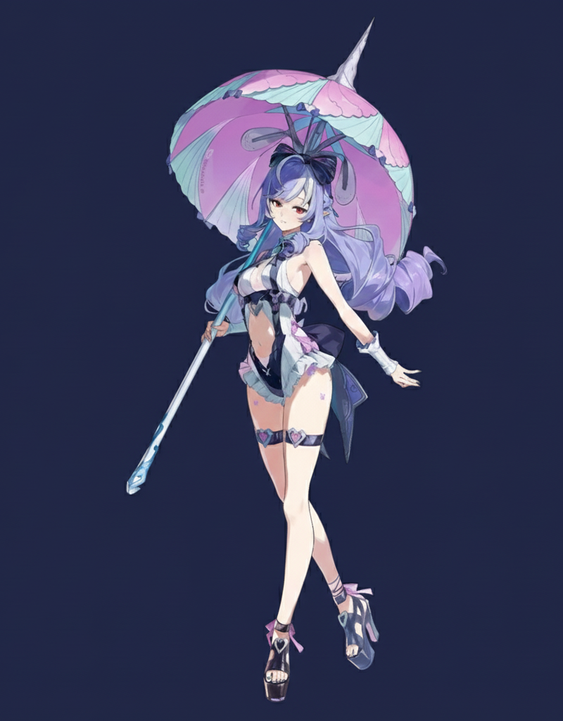 Animated character with purple hair and outfit holding a large umbrella against a dark background