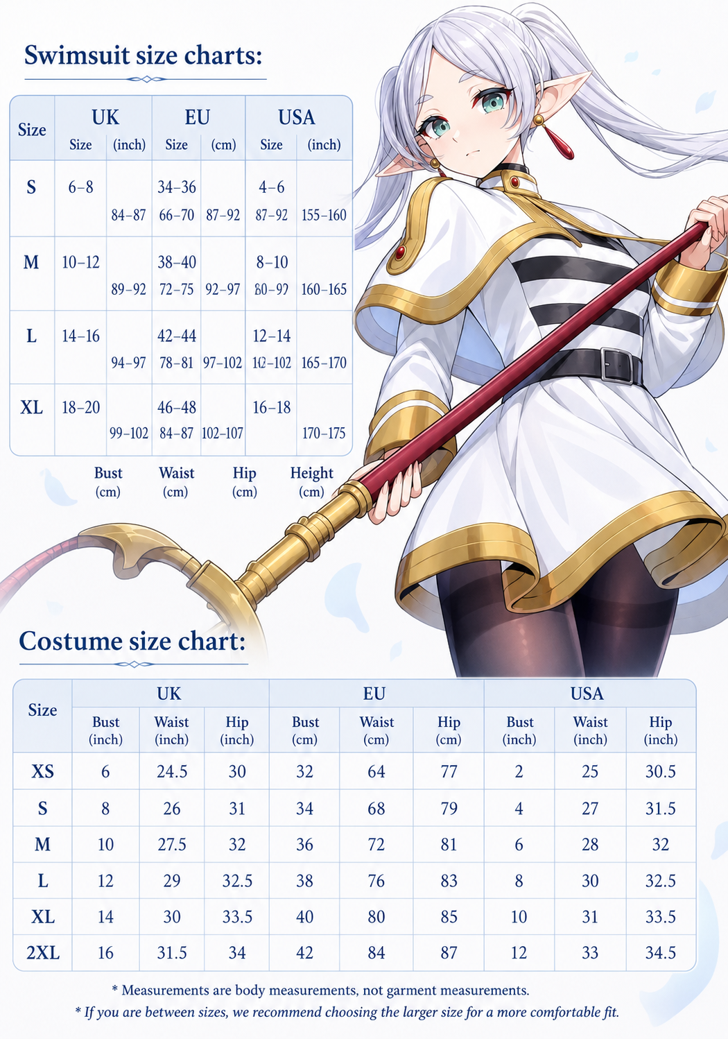 Sizing reference chart converting Frieren swimsuit and costume dimensions to standard UK, US, and EU sizes.