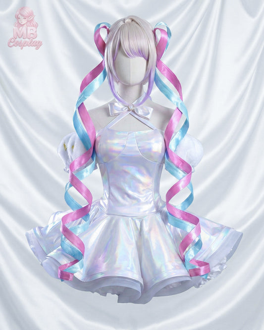 Close-up of KAngel iridescent laser pleated skirt and pink ribbon accents