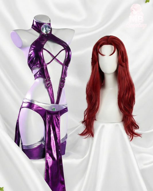 MBCosplay Starfire costume including metallic purple bodysuit and long red cosplay wig.
