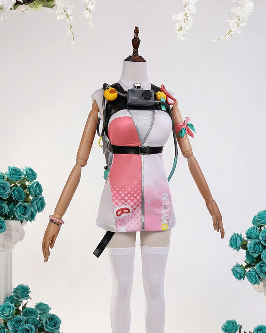 Front view of the Ukinami Yuzuha inspired summer swimsuit cosplay by MBCosplay featuring a tactical harness and camera accessory.