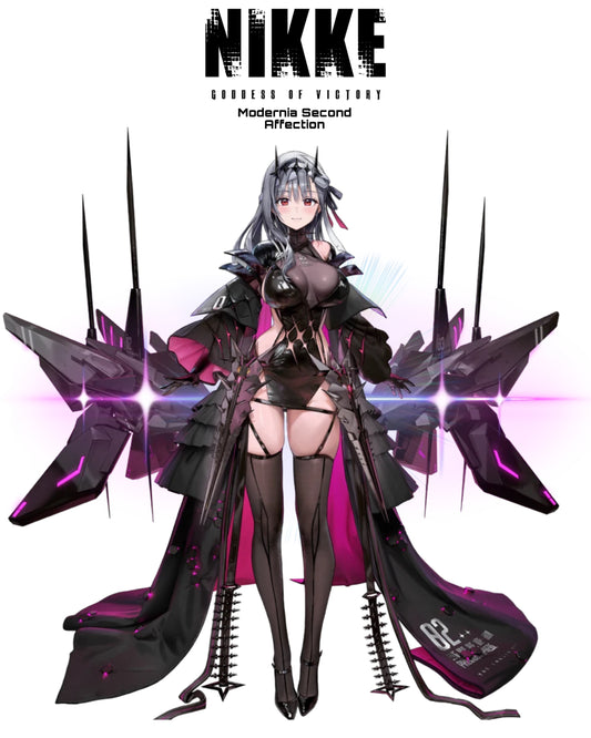 Modernia Second Affection Cosplay Costume from Goddess of Victory: Nikke by MBCosplay. High-quality black and pink tactical anime outfit featuring mechanical wing accessories and layered skirt details.