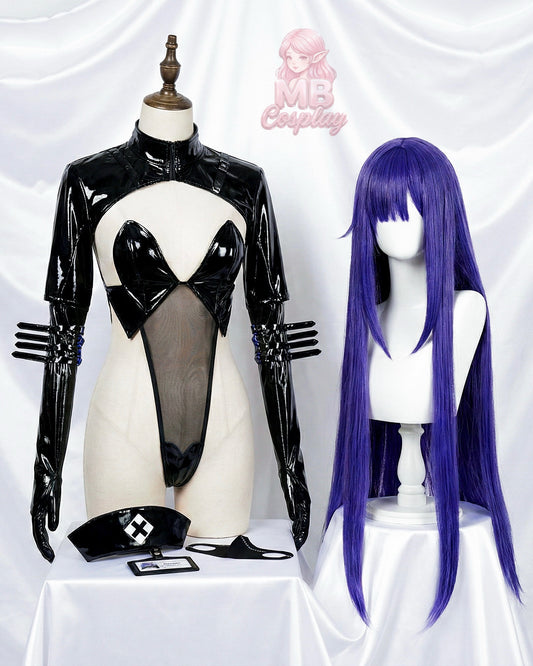 Mannequin display of Mogador Azur Lane cosplay costume including black vinyl bodysuit and purple wig