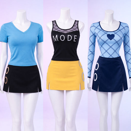 Three mannequins wearing colorful outfits with text and patterns on a light purple background