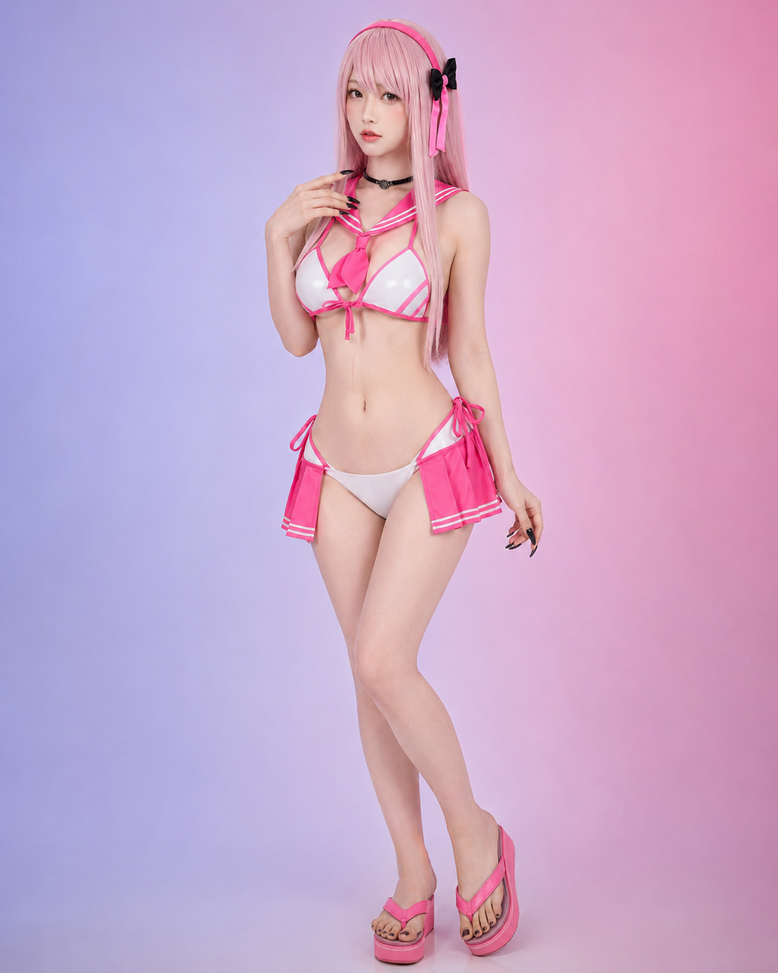 Pink anime cosplay swimsuit costume worn by female model with long pink wig, sailor-style bikini cosplay outfit, black choker, platform sandals and pastel studio background, premium MB Cosplay product photography.