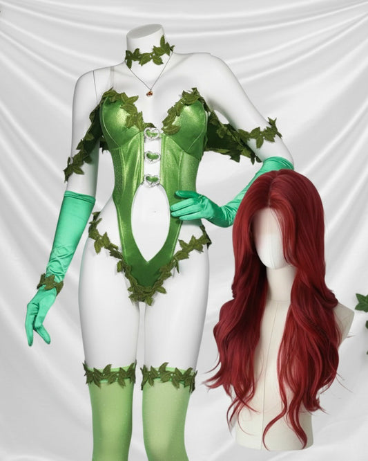 Close-up of the silver heart-shaped buckles and ivy leaf accents on the MBCosplay green corset bodysuit.