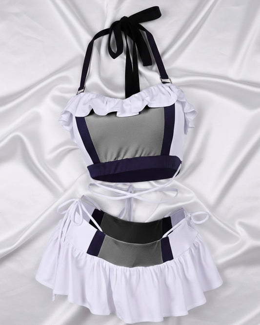 Tifa Lockhart cosplay swimsuit set displayed on invisible mannequin with silk draped background