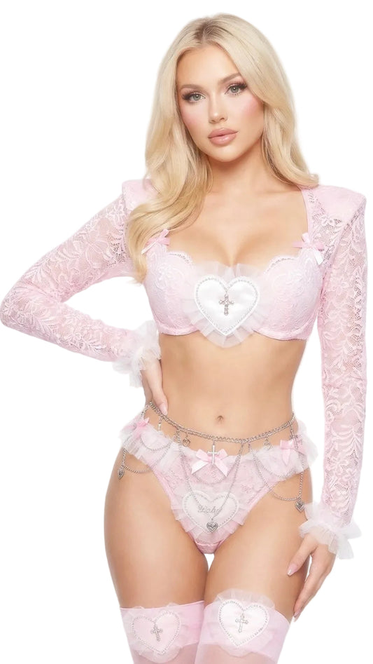 Pink Lace Coquette Lingerie Set with Heart & Cross Charms - Romantic Dollette Style