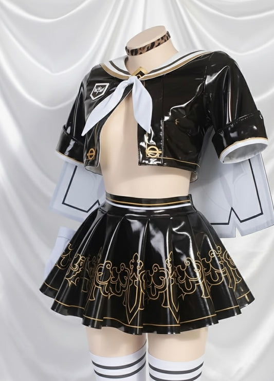 Close-up of NieR Automata 2B Sailor outfit showing vinyl texture and gold trim by MBCosplay