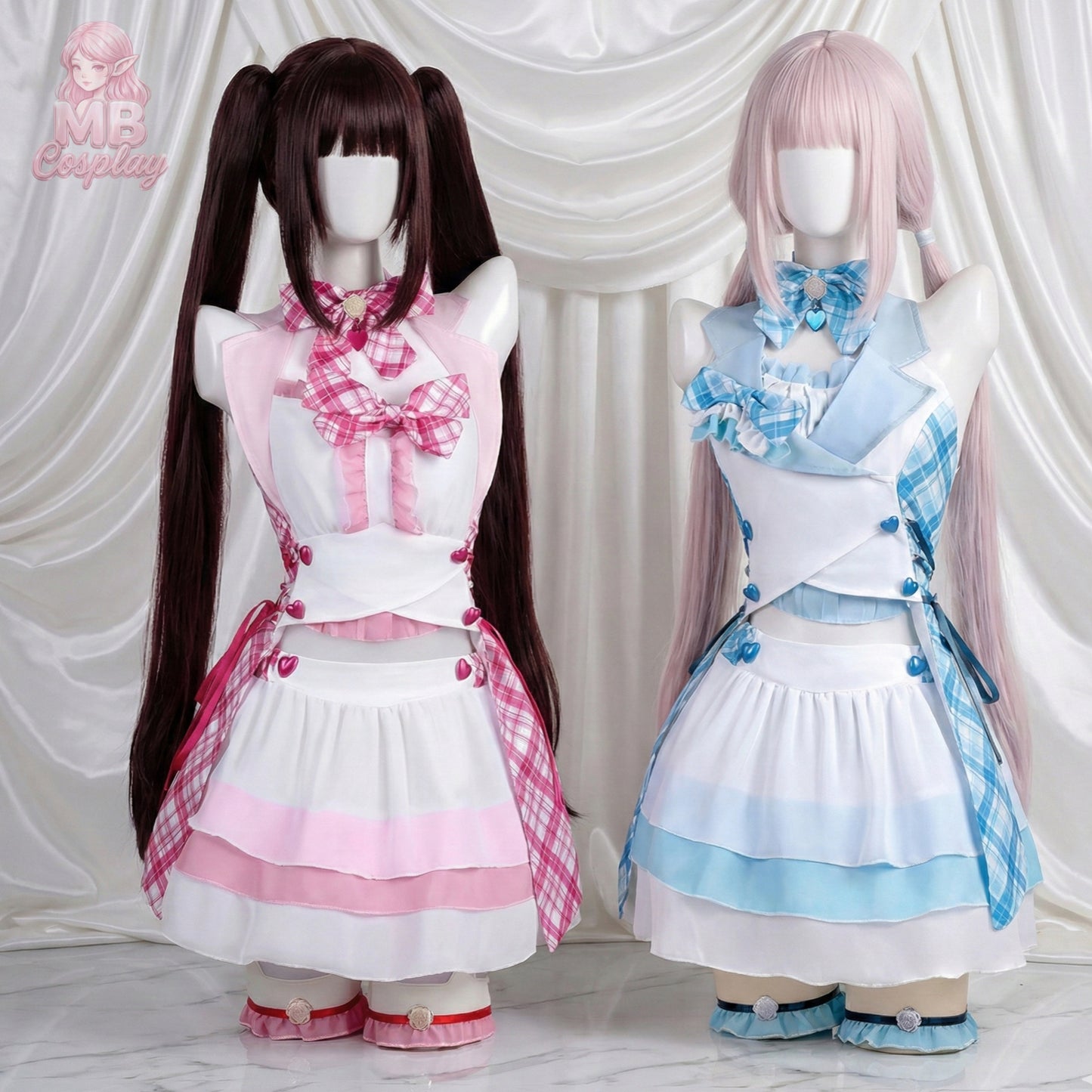 A side-by-side display of the Chocola pink maid outfit and Vanilla blue maid outfit with matching styled wigs on mannequins by MB Cosplay.