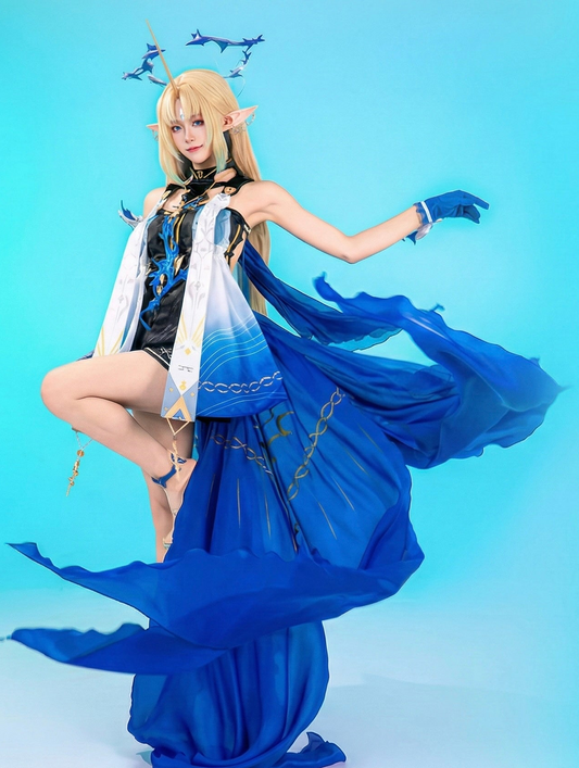Ethereal Cartethyia Shorekeeper cosplay from Wuthering Waves featuring blue butterfly gown and star halo.