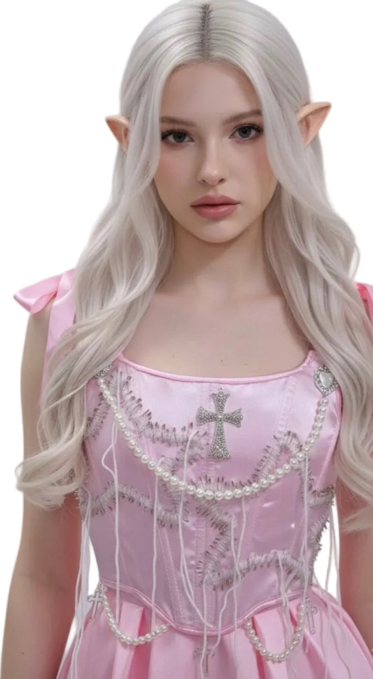 Pink Pastel Goth Corset Top – Safety Pin Chain & Pearl Trim