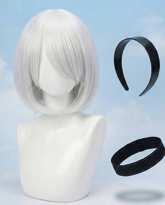 NieR Automata 2B Cosplay Wig – Silver White Bob, headband & Eyepatch