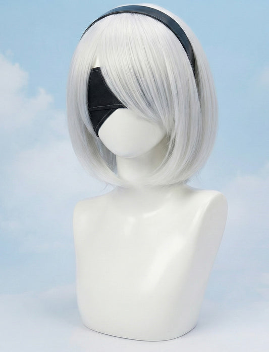 NieR Automata 2B Cosplay Wig – Silver White Bob, headband & Eyepatch