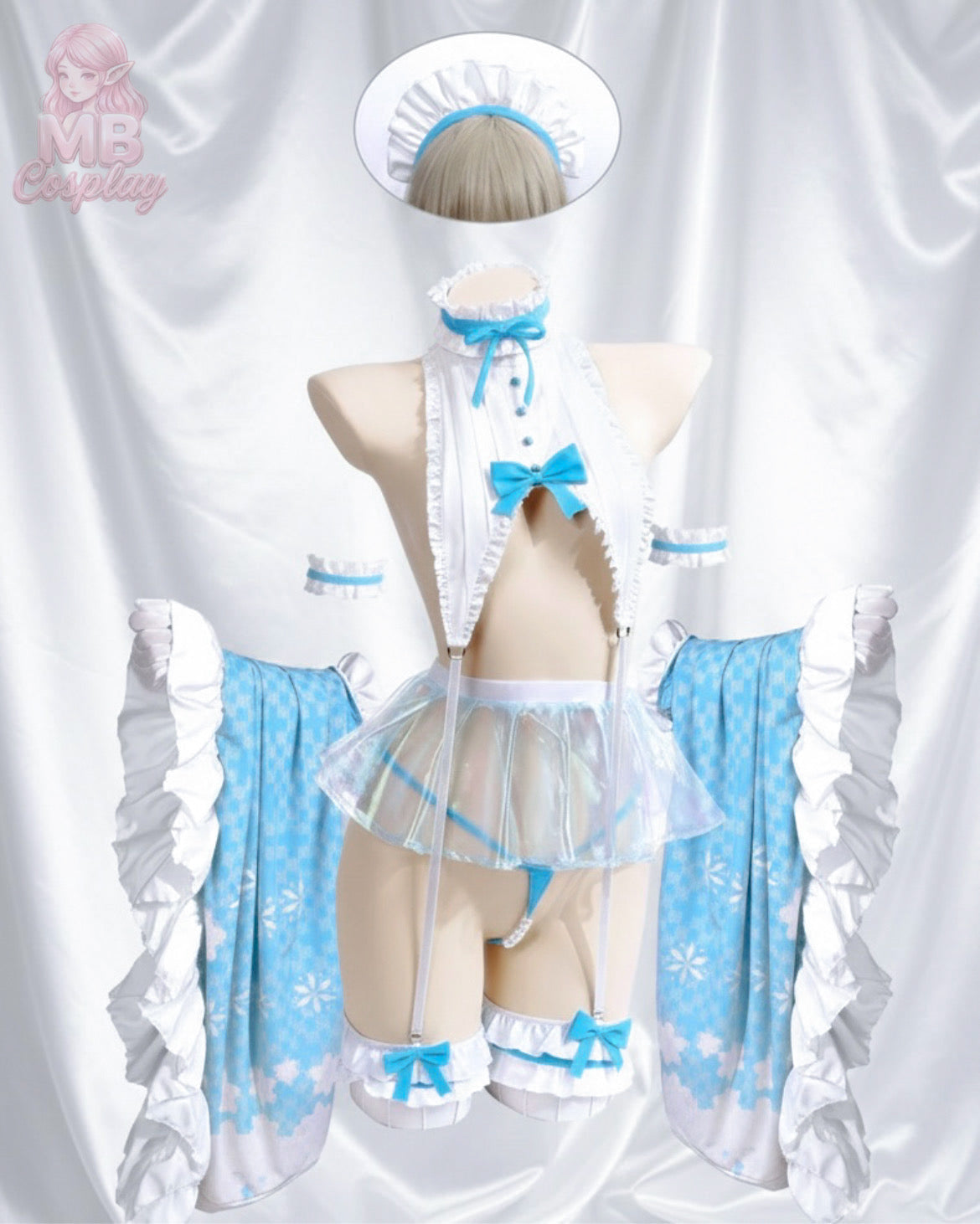 Dishwasher1910 Blue Archive Ichinose Asuna (Asena) Sweet Maid Cosplay Costume - Blue Bikini & Transparent Skirt Set