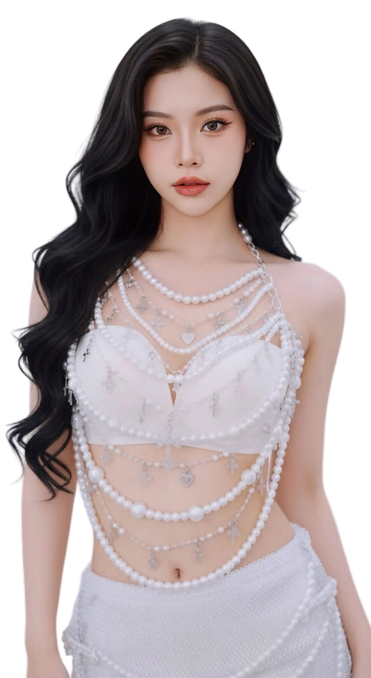 Angelic White Pearl Body Chain & Mesh Mini Skirt Set