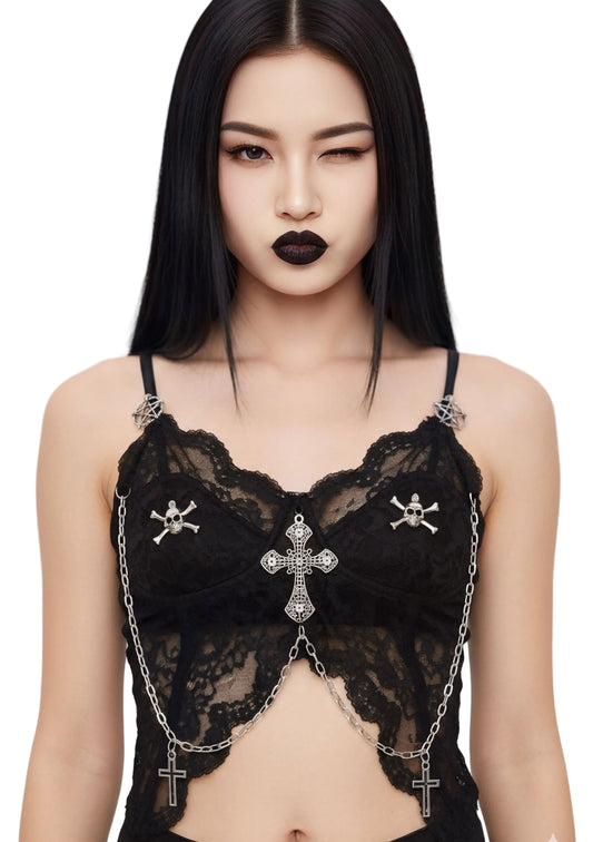 Gothic Black Lace Crop Top – Skull & Cross Charm Bralette