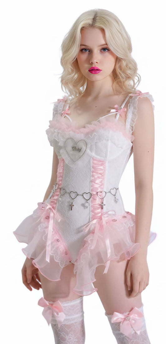 Kawaii Pink Ruffle Romper – White Dollette Bodysuit & Heart Chain