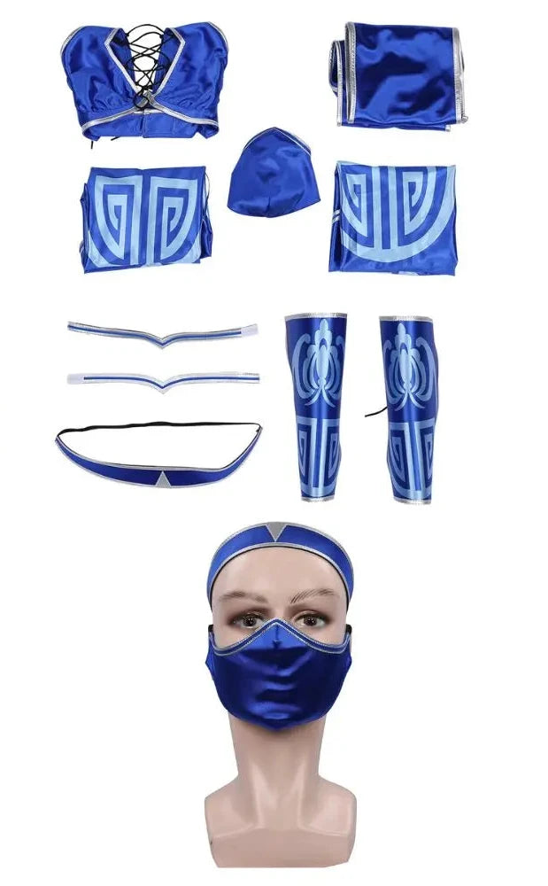 Blue and white costume set on a mannequin with various components displayed.