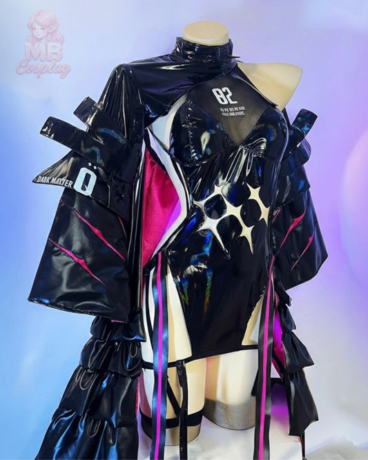 MBCosplay High-quality Modernia Second Affection cosplay costume from Goddess of Victory: Nikke featuring black glossy PVC fabric, pink accents, and Dark Matter decals on a mannequin