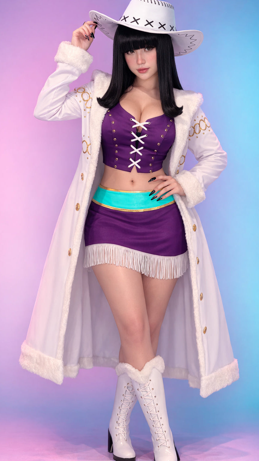 Person in a colorful outfit with a purple top, white coat, and white boots on a gradient background