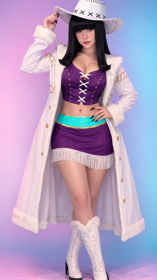 Person in a colorful outfit with a purple top, white coat, and white boots on a gradient background