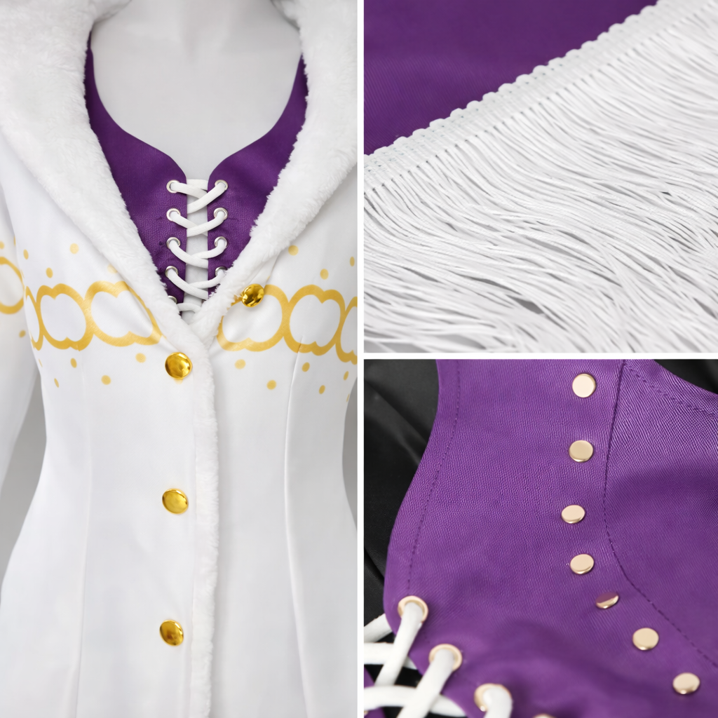 Collage of a white and purple outfit with gold accents on a plain background