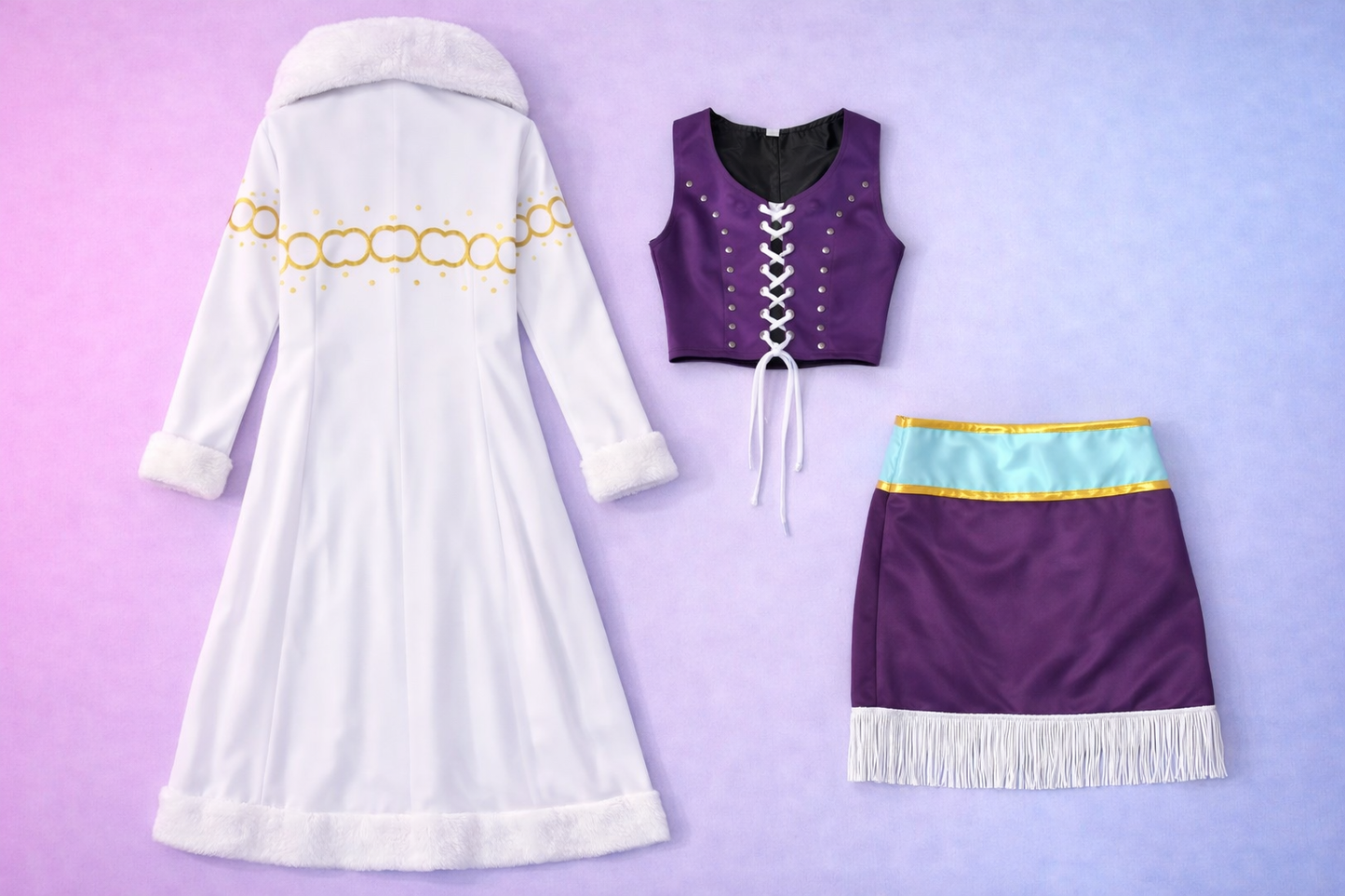 Costume pieces including a white dress, purple top, and skirt on a light purple background