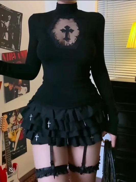 Turtleneck long sleeve Top holy cross Top