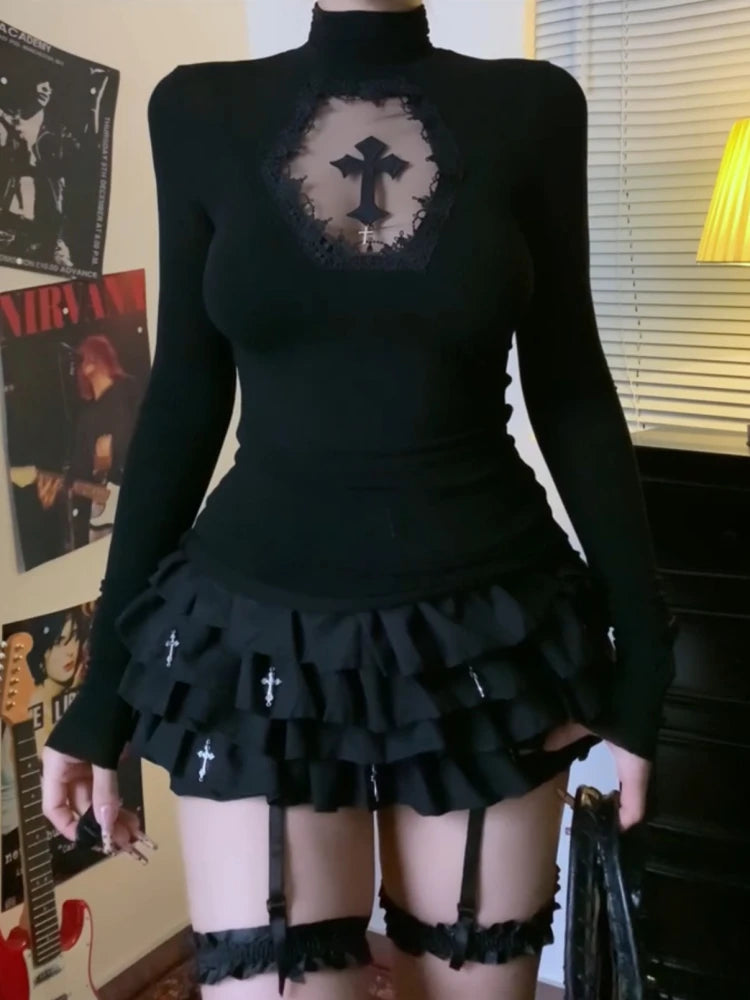 Turtleneck long sleeve Top holy cross Top