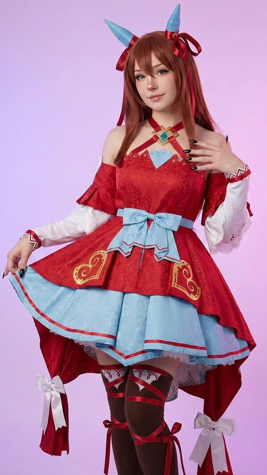 Person wearing a red and blue dress with horns on a light purple background