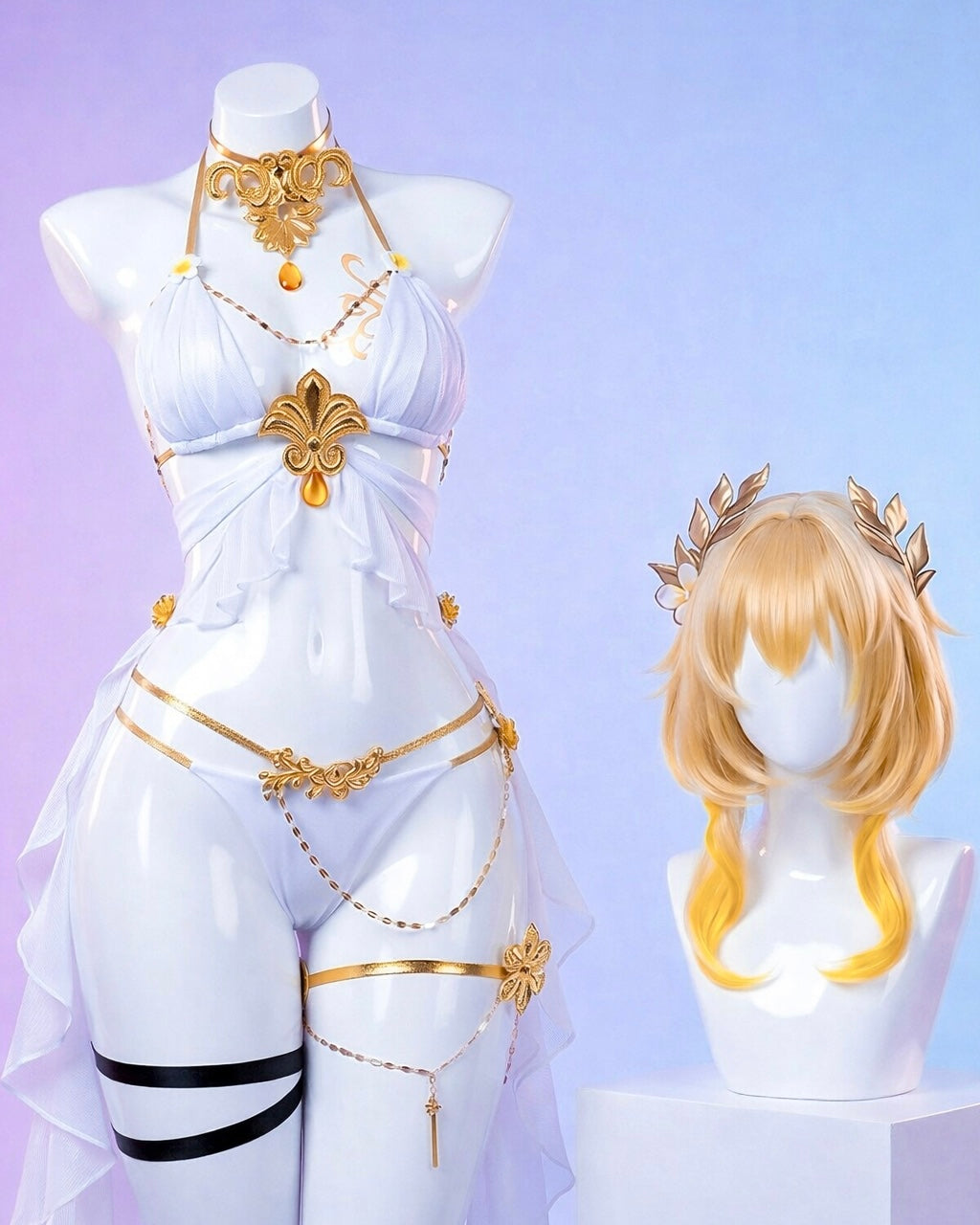 Mannequin wearing a white and gold costume with a blonde wig on a light purple background