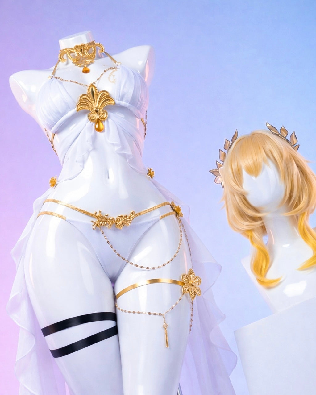 White cat-like figure with gold accents and a blonde wig on a light purple background