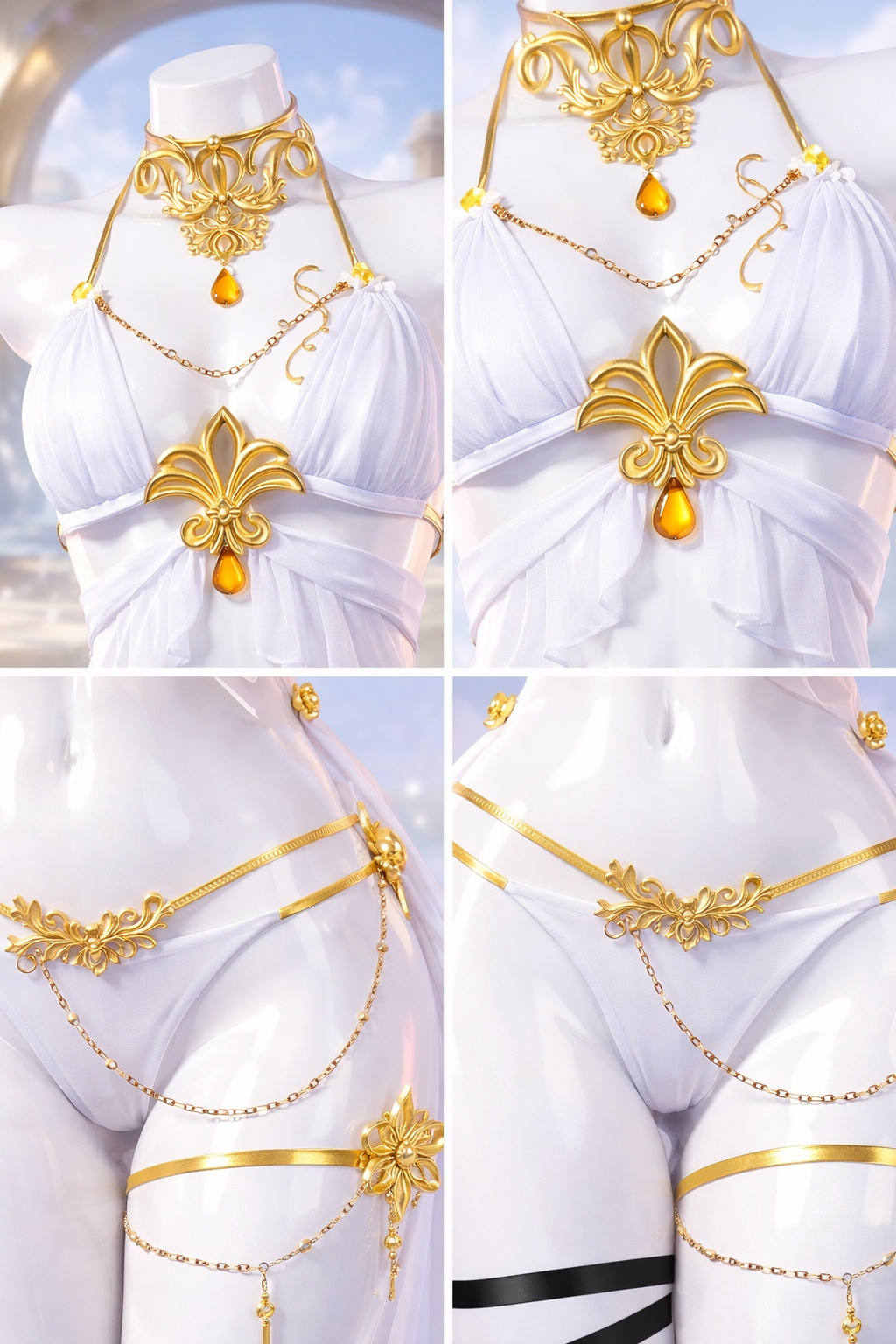 Set of gold jewelry with orange stones on a white fabric background