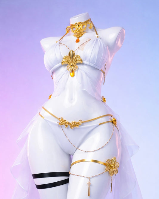White and gold costume on a mannequin against a light purple background