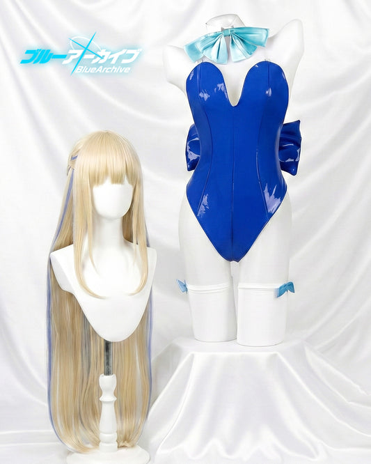 Complete Asuma Toki blue bunny girl cosplay kit including high-gloss bodysuit and long blonde wig.