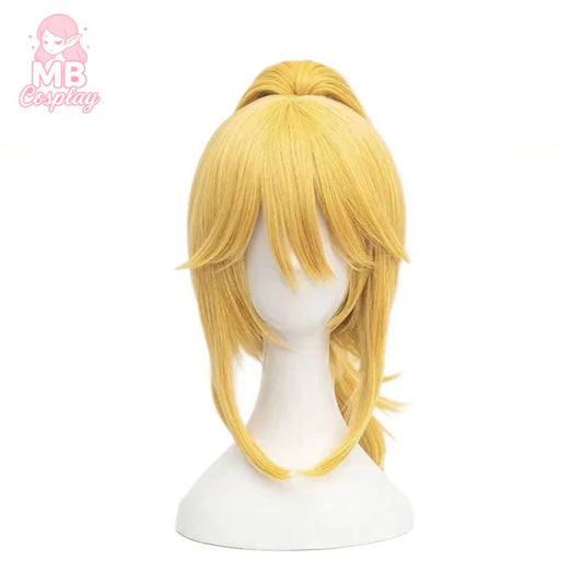 Mannequin head wearing a bright, layered blonde wig pulled into a high ponytail, with long, curled, face-framing layers left down.