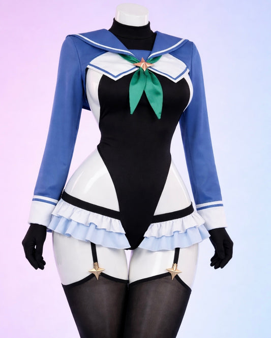 Blue Archive Shimiko cosplay costume bodysuit front view displayed on mannequin with sailor collar green bow and garter stockings
