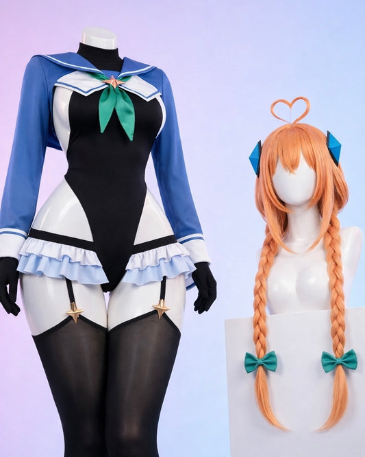 Shimiko Blue Archive cosplay costume and wig set displayed together including braided wig and sailor style bodysuit
