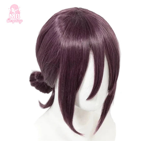 Chainsaw Man Reze cosplay wig in dark purple with a low bun and long face-framing bangs on a white mannequin head