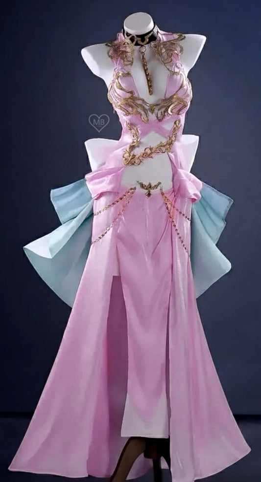 Front view of a pink and gold C.C. Code Geass cosplay dress on a mannequin featuring a plunging neckline and gold filigree embroidery