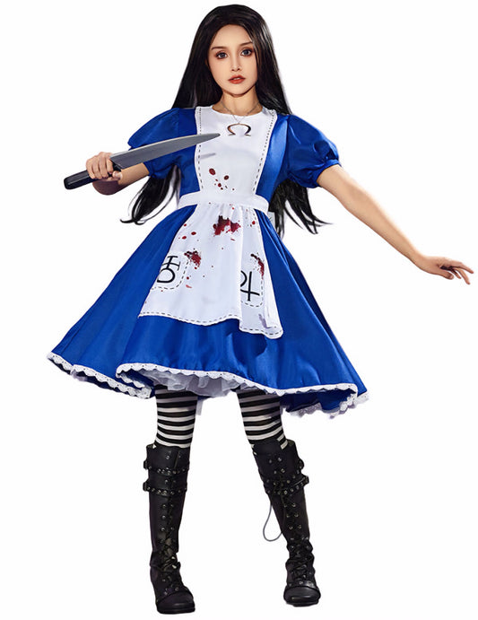 Full-body photo of a model wearing a dark, gothic Alice in Wonderland cosplay. The outfit includes a puffy-sleeve royal blue dress, a bloody white apron, striped tights, and tall black combat boots. The model is holding a large knife prop.