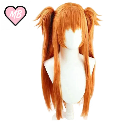 Mannequin head wearing the Asuka Langley Soryu cosplay wig from Evangelion. The wig is long, bright orange hair styled into full bangs and high twin ponytails with red hair clips.