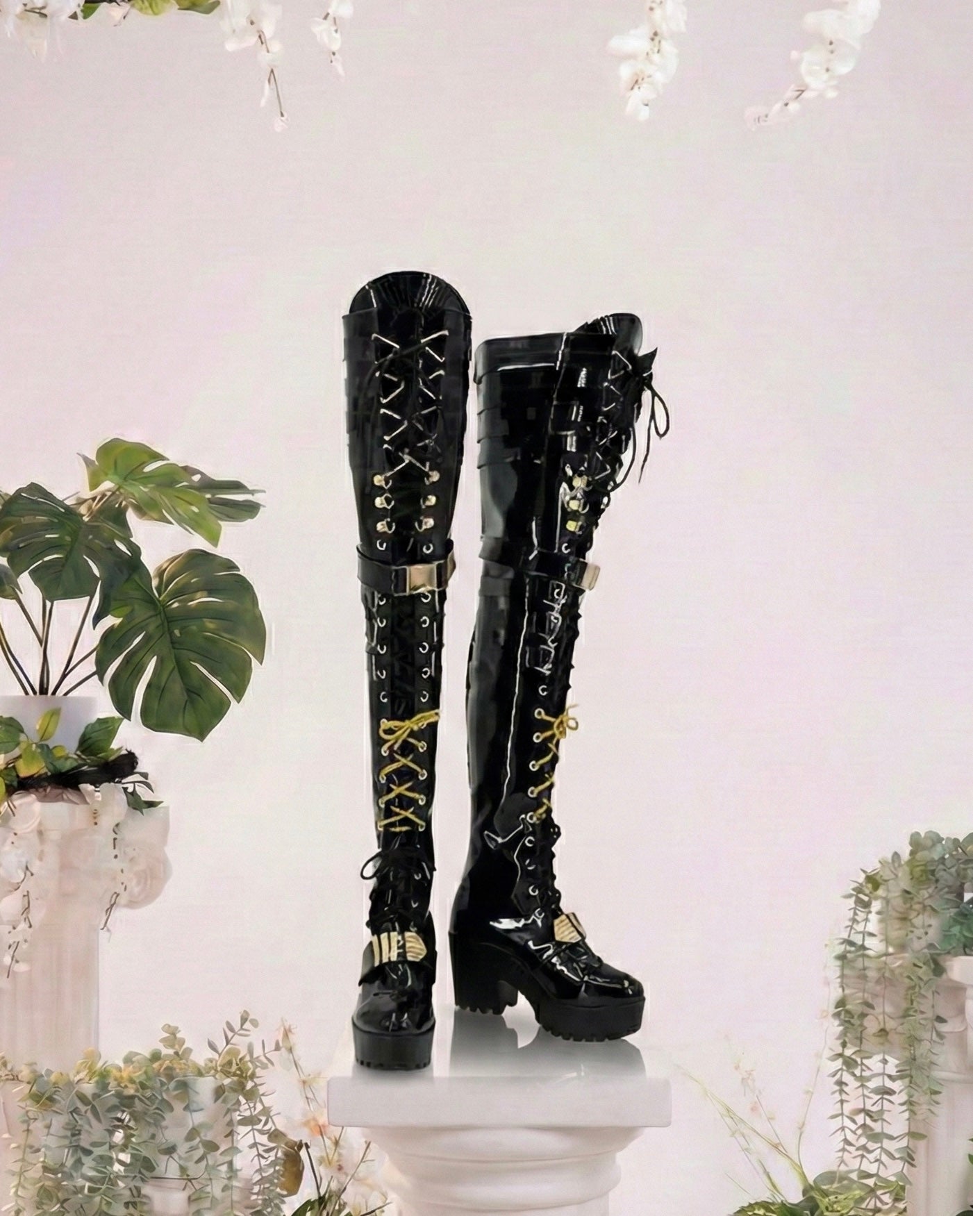 High-gloss black lace-up platform boots for Fairy Knight Tristan cosplay with gold buckle hardware.