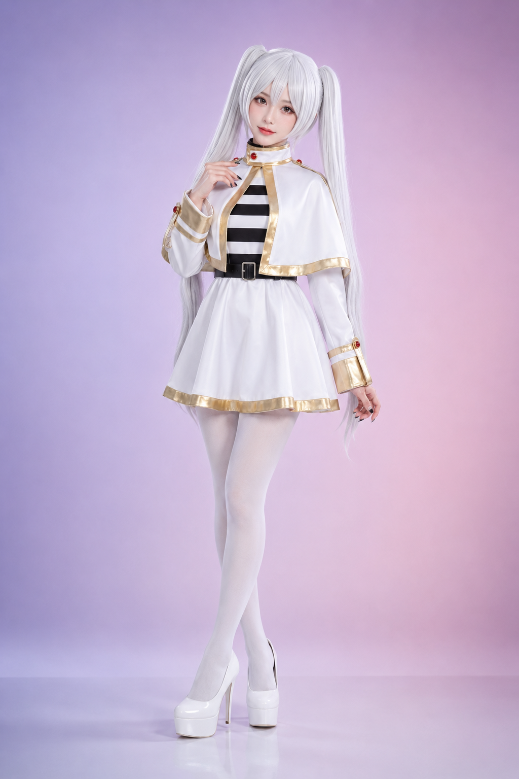 Adult model wearing Frieren cosplay costume with white and gold military uniform, silver twin-tail wig and full-body studio portrait on pastel background.
