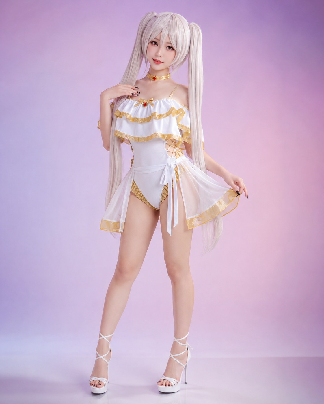 Adult model wearing Frieren cosplay swimsuit costume in white and gold with long silver twin-tail wig, full-body studio product photograph