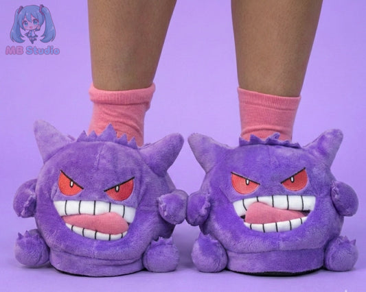 Purple Gengar slippers worn with pink socks on a purple background