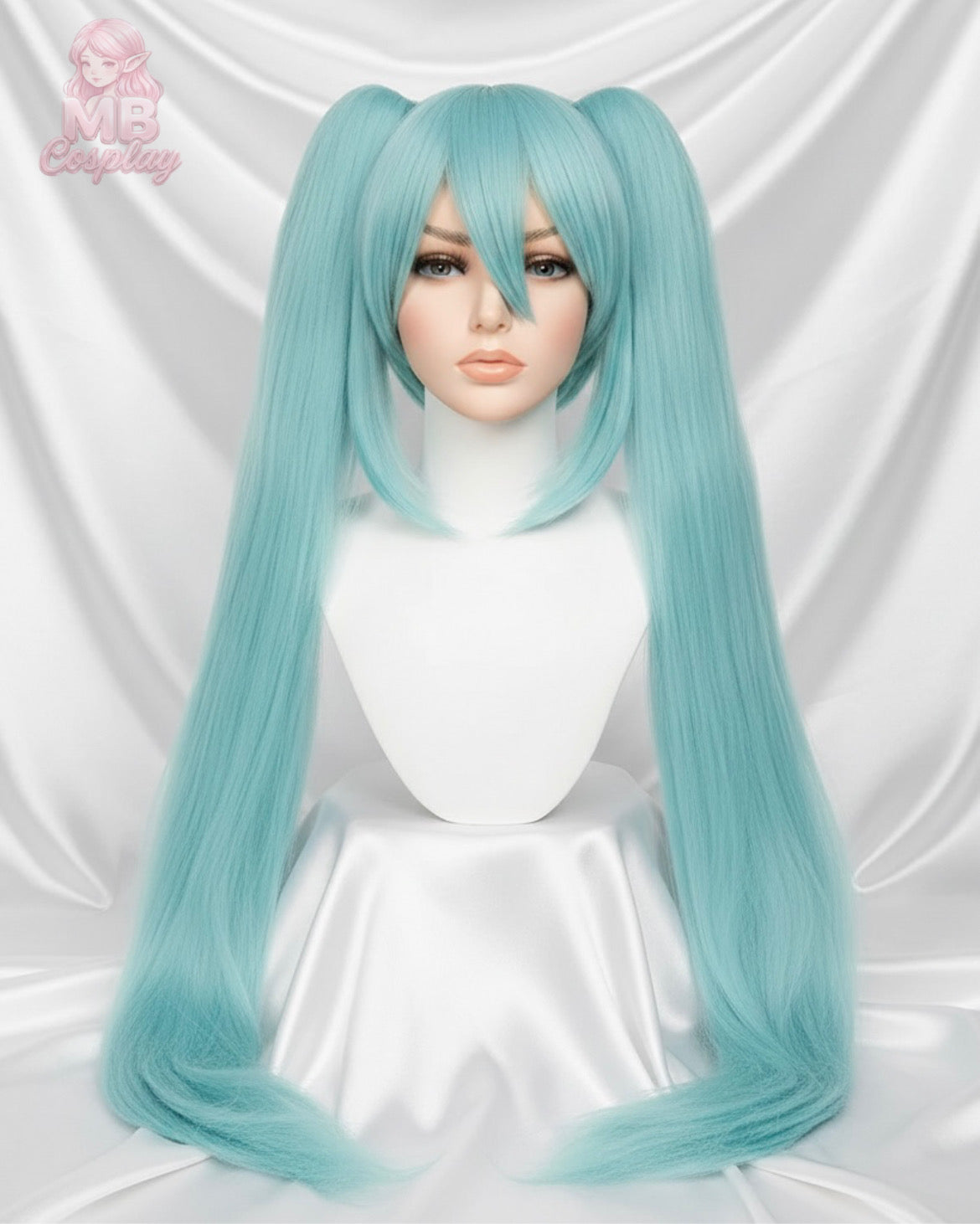 Long 110cm Hatsune Miku teal cosplay wig with double ponytails on a mannequin against a white silk background.